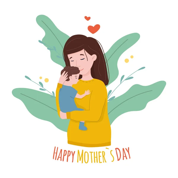 Joyeux jeune maman étreint son bébé. Bonne Fête des Mères Carte de voeux. — Image vectorielle