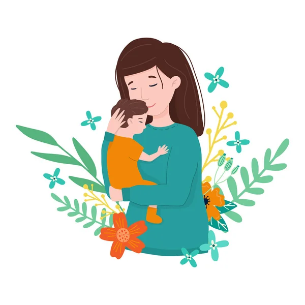 Šťastná mladá máma objímá své dítě. Šťastné pozdravy - Den matek. — Stockový vektor
