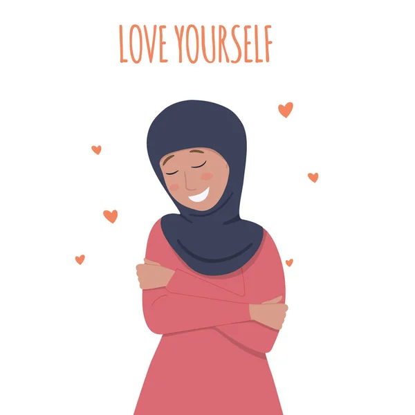 Όμορφη Μουσουλμάνα αγκαλιάζεται. Έννοια της αυτοαγάπης. — Διανυσματικό Αρχείο