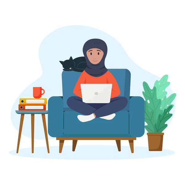 Moslimvrouw werkt op een laptop. Freelance-concept. — Stockvector