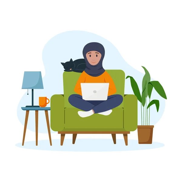 Moslimvrouw werkt op een laptop. Freelance-concept. — Stockvector