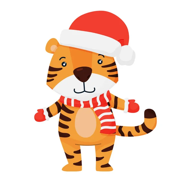 Lindo Personaje Tigre Navidad Sonriente Símbolo 2022 Ilustración Vectorial Para — Vector de stock