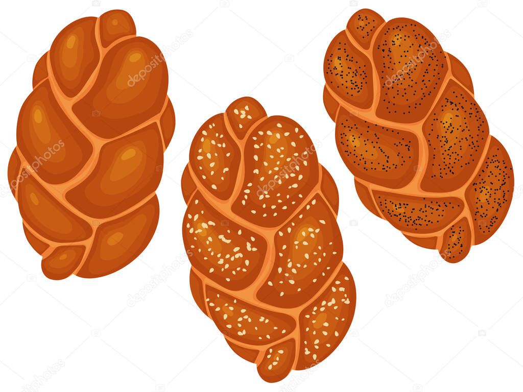 Challah is the national Jewish food. White bread. Vector illustration isolated on white background. Vector illustration