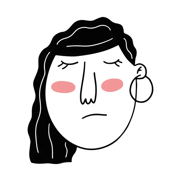 Cara de mujer dibujada a mano con pendiente en estilo garabato. Artista. — Vector de stock