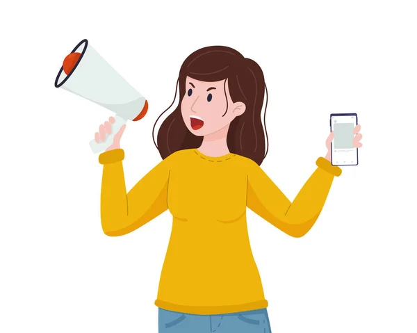 Conceito de UGC. Mulher irritada fala em um megafone com um telefone em suas mãos. Criação de conteúdo, comentários. — Vetor de Stock