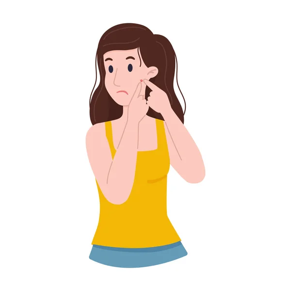 Kız suratında sivilce çıkartıyor. Deride sivilce. Kişisel bakım kavramı.