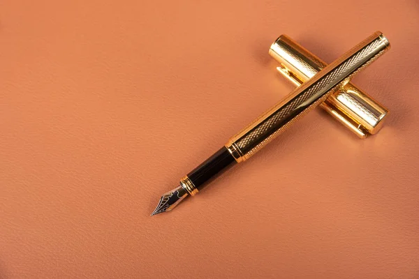 Fountain pen, beautiful details of a fountain pen exposed on a leather surface, selective focus.