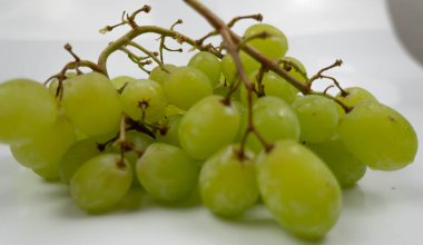 Beyaz arka planda izole edilmiş taze yeşil üzümler. Taze yeşil üzümlere odaklan..