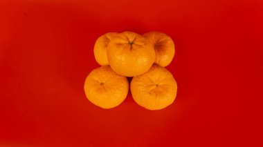 Çin Yeni Yıl kutlamaları için 5 Mandarin portakalı ve kırmızı arka planda süsleme