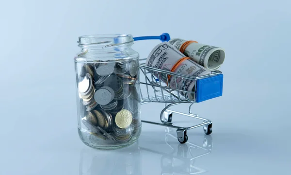 Shopping Sale Discount Concept. Selective focus on the shopping cart, fake money and coins.