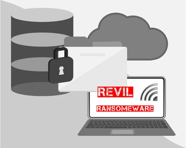 Revil ist eine Art Ransomware, die als Dienstleistung bei Angriffen auf unverdächtige Opfer eingesetzt wird. Cyber-Sicherheitskonzept. — Stockillustration Revil Ist Eine Art Ransomware Die Als Dienstleistung Bei Angriffen — Stockvektor