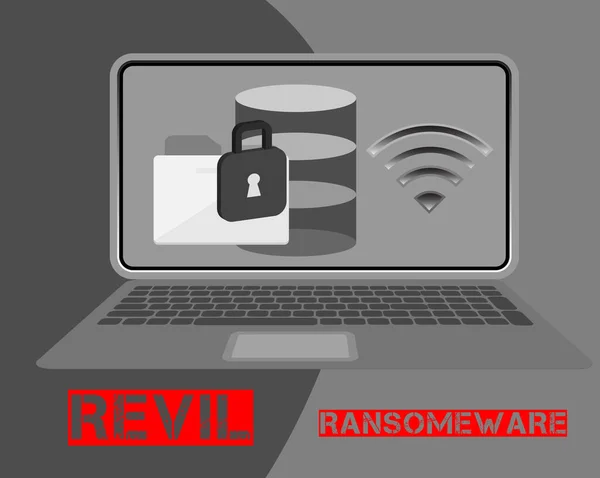 Revil ist eine Art Ransomware, die als Dienstleistung bei Angriffen auf unverdächtige Opfer eingesetzt wird. Cyber-Sicherheitskonzept. — Stockillustration Revil Ist Eine Art Ransomware Die Als Dienstleistung Bei Angriffen — Stockvektor