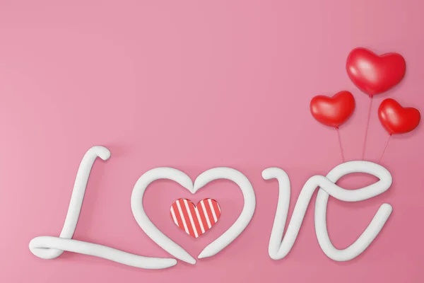在红色或粉色背景下 文本爱现实的3D多彩的情人节心形 3D渲染 — 图库照片