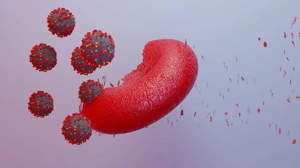 Microscope virus attack blood close up concept art . Pathogenic viruses causing infection in host organism , Viral disease outbreak ,Virus attacking red blood cells , 3d render