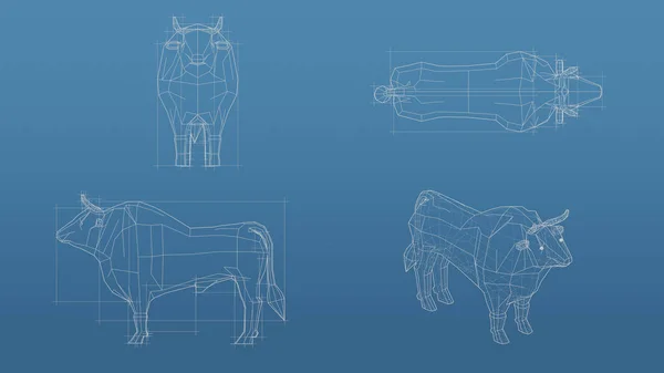 青い背景に牛の3D青写真メッシュモデル フロントビューの正書法とパースペクティブ無料スタイルレンダリング 3Dレンダリング — ストック写真