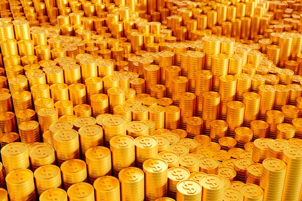 Altın paralar sıra sıra dizilmiş. Finans ve işle ilgili bir arkaplan olarak kullanılabilir, 3B Hazırlama