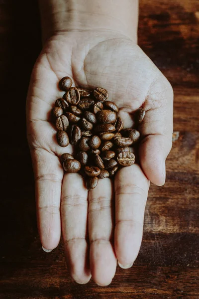 Coffee Beans Hands Heart Shaped Wood Table Dark Style Vintage — Stock Photo, Image