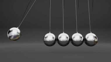 Newton beşiğinde gölgelerle izole edilmiş gümüş metal top sarkaçları asılı. 3d hazırlayıcı