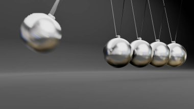 Newton beşiğinde gölgelerle izole edilmiş gümüş metal top sarkaçları asılı. 3d hazırlayıcı