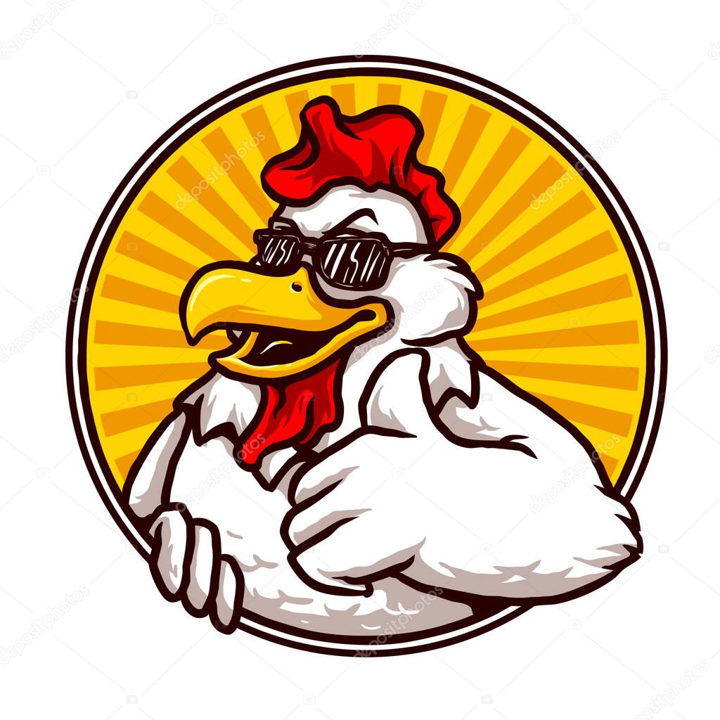 cool funny chicken mascot design, suitable for restaurant logo or packaging street food