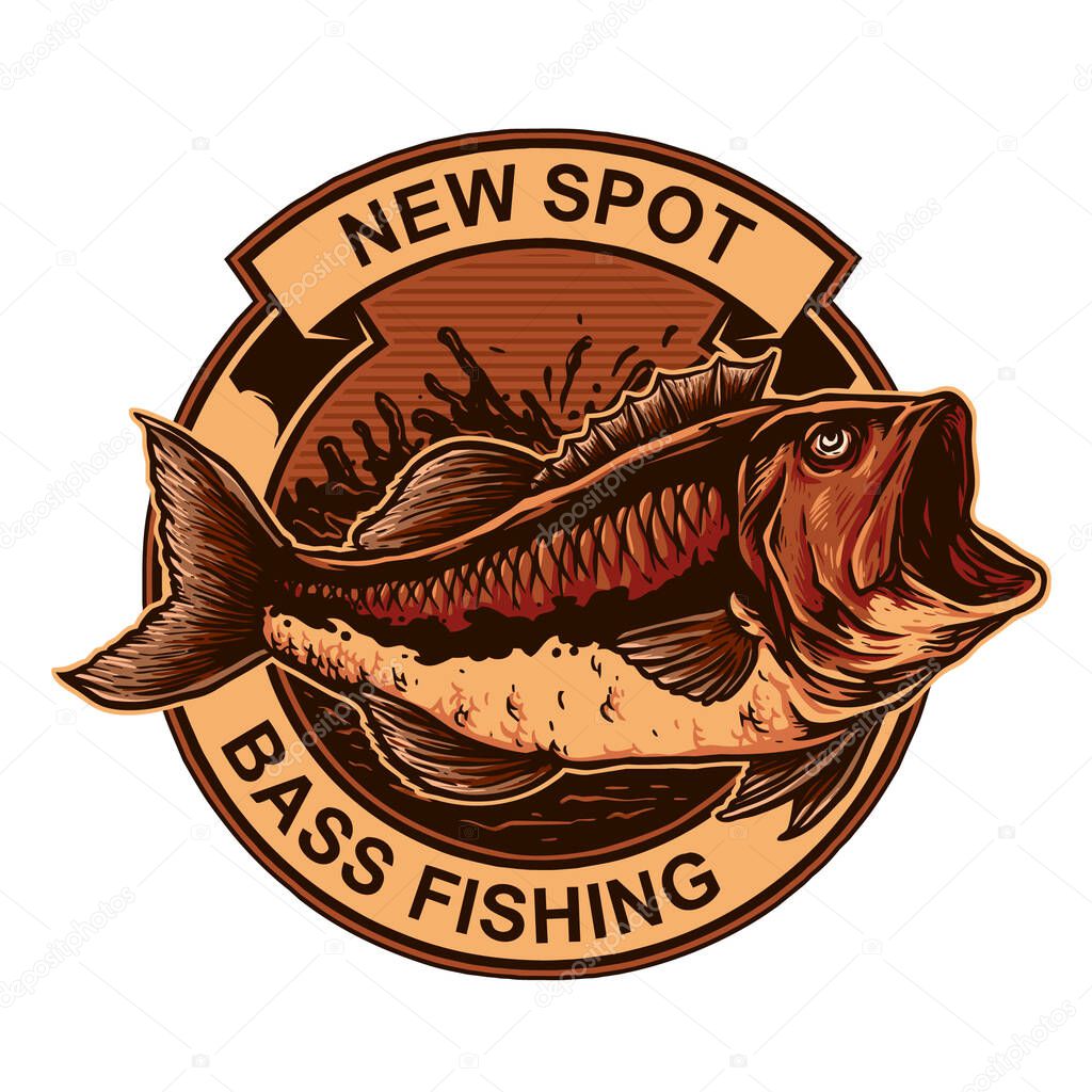 bass fish with hook for vintage logo emblem badge fishing vector illustration