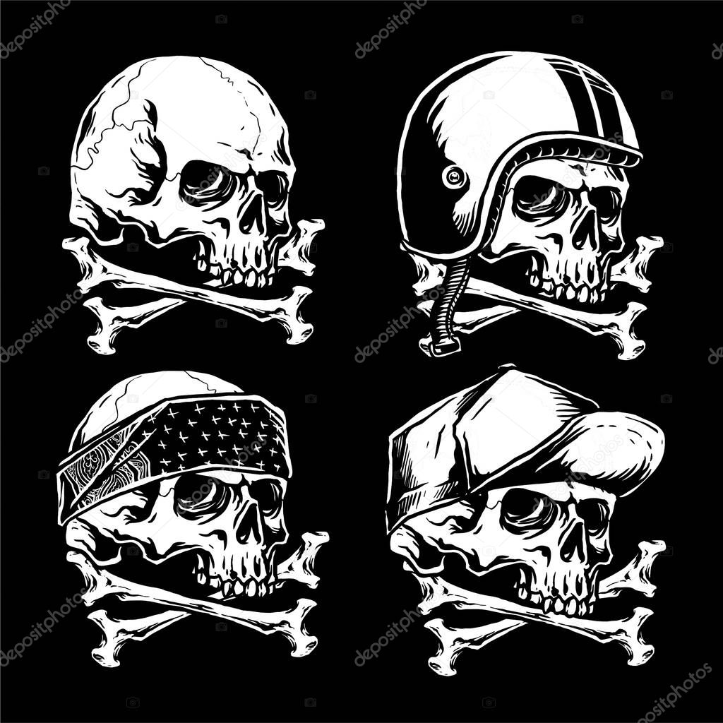 vector set of skull and gangster biker stuffs illustration