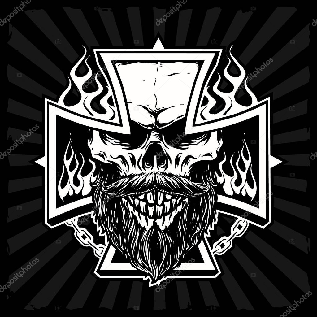 bearded skull with flames vector illustration
