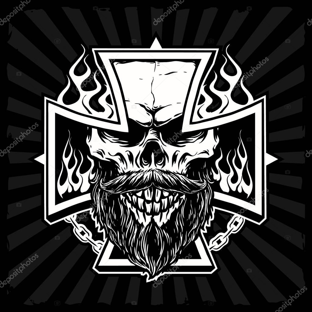 Bearded skull with flames vector illustration