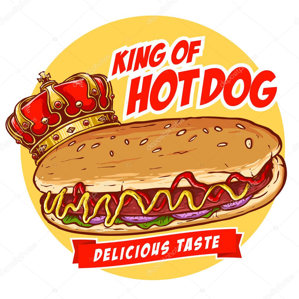 vector of hot dog with crown for junk food street food culinary logo