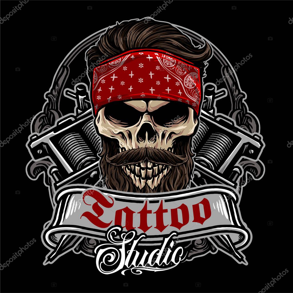 Skull with tattoo machine and classic badges vector illustration