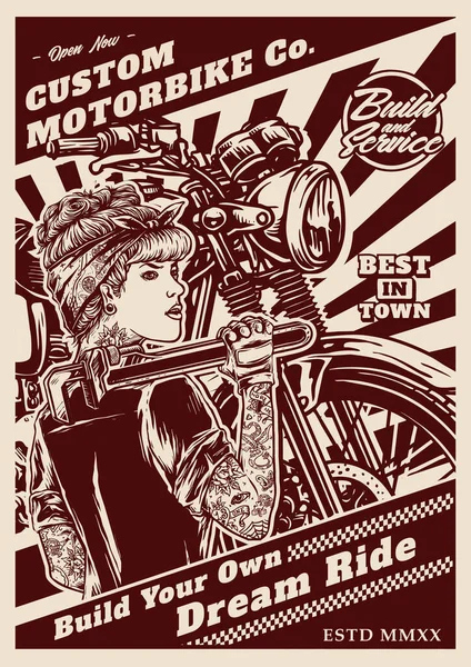 Вектор Піпетки Дівчини Дизайном Плаката Ретро Мотоциклів — стоковий вектор