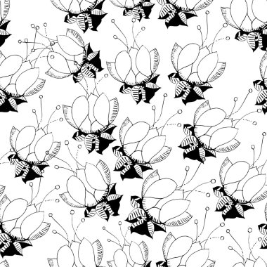 Beyaz bir arka plan üzerinde siyah ve beyaz çiçekler ile Seamless Modeli.