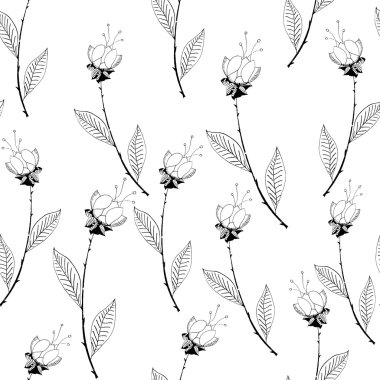 Beyaz bir arka plan üzerinde siyah ve beyaz çiçekler ile Seamless Modeli.