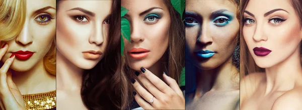 El concepto de belleza de moda femenina. Collage de mujeres jóvenes de estilo con maquillaje de moda y accesorios. De cerca. Grabado en estudio. Ojos y labios mágicos —  Fotos de Stock