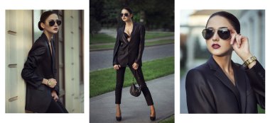 Female beauty concept. Portrait of fashionable young girl in classic clothes (suit) and sunglasses posing on the street. Perfect hair & skin. Vogue style. outdoor shot, collage clipart