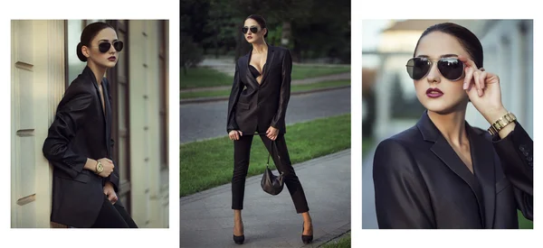 Female beauty concept. Portrait of fashionable young girl in classic clothes (suit) and sunglasses posing on the street. Perfect hair & skin. Vogue style. outdoor shot, collage — Stock Photo, Image