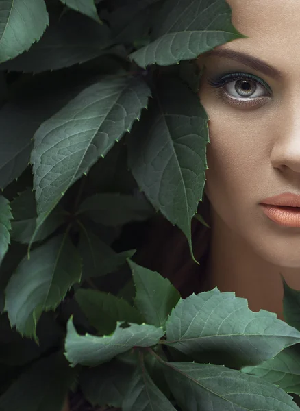 Sexy Beauty Girl avec lèvres corail. Provocateur vert Maquillage. Femme de luxe aux yeux verts. Mode Brunette Portrait en feuilles sauvages (raisin), fond naturel. Magnifique visage de femme. Cheveux longs — Photo