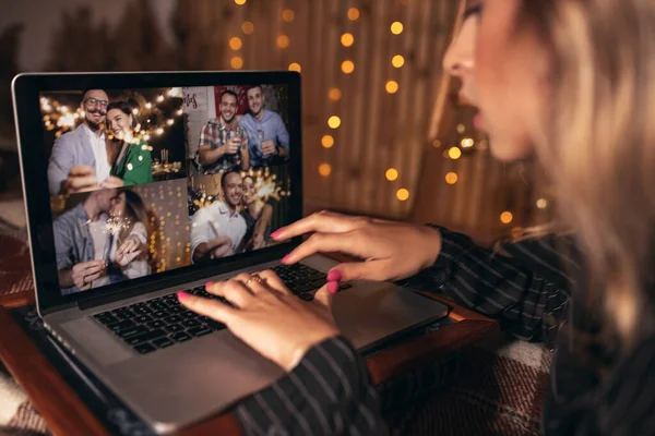 happy family / friends members talk speak on video call on quarantine from home celebrated holiday together, diverse smiling have webcam conversation conference on laptop