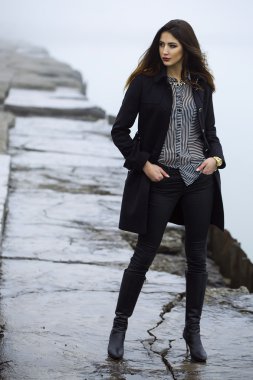 Yüksek moda kavramı. Uzun kıvırcık saçlı ve mükemmel güzel esmer duygusal portre yapmak siyah palto giyiyor. Rüzgarlı ve puslu hava. İtalyan lüks stil. Açık atış
