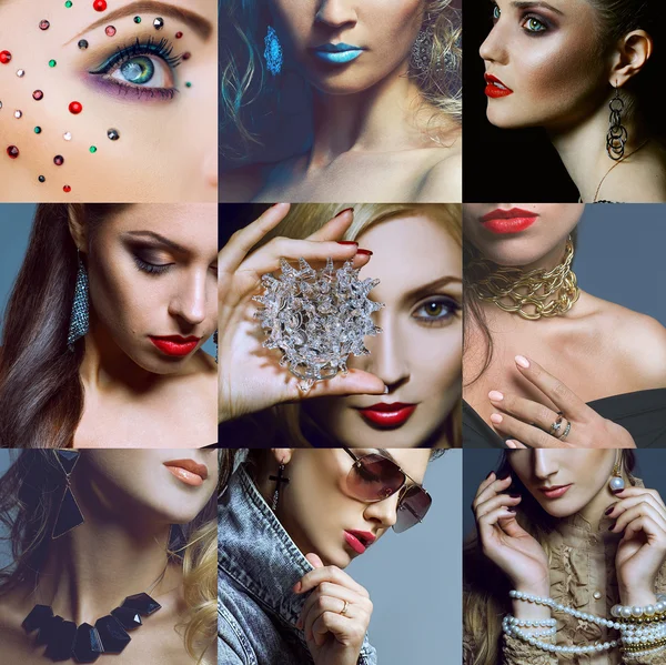 El concepto de belleza de moda femenina. Collage de mujeres jóvenes de estilo con ropa de moda, maquillaje y accesorios. De cerca. Captura de estudio — Foto de Stock