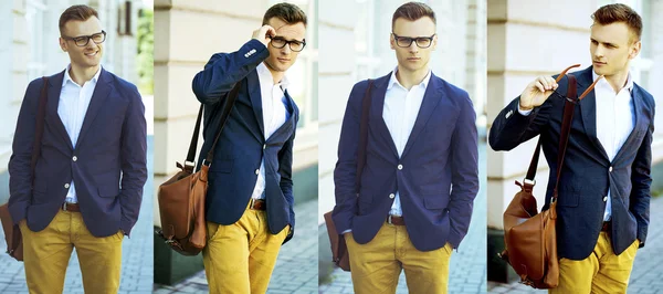 Mode collage van een portret van een jonge casual man op zoek weg van de camera. Straat foto. — Stockfoto