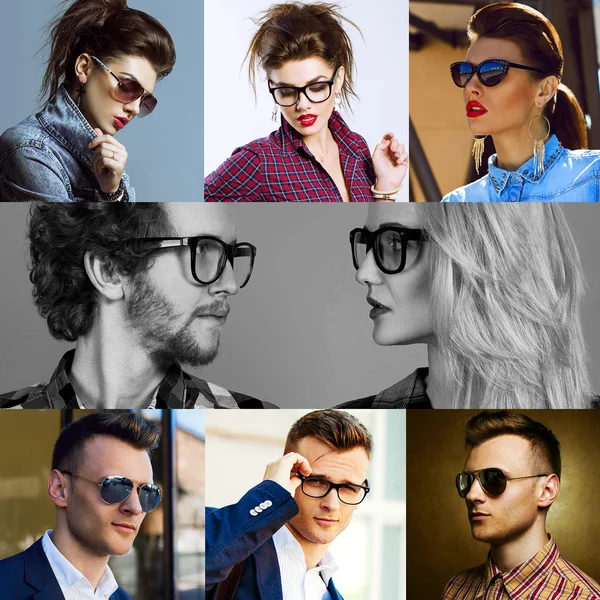 O conceito moda beleza feminina e masculina. Colagem de jovens mulheres e homens de óculos vestindo roupas da moda, com maquiagem e acessórios. Fecha. Estúdio tiro e rua tiro — Fotografia de Stock
