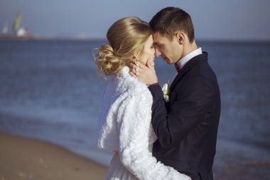 Genç düğün çift, güzel gelin ile damat dikey doğa açık denize yakın Sunset'teki