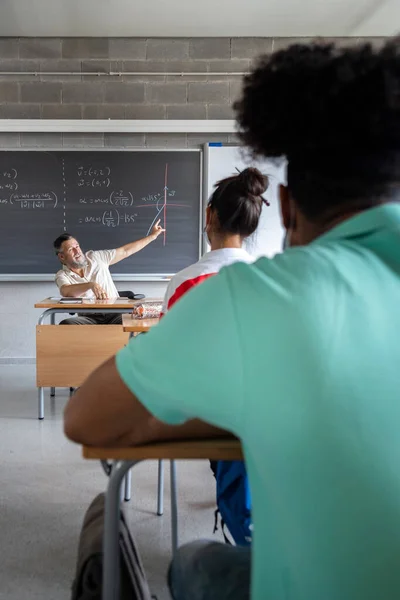 Blanke Volwassen Man Leraar Met Baard Die Schoolbord Wijst Tijdens — Stockfoto