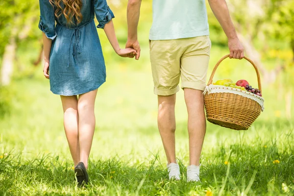 夏の公園でピクニックを持つカジュアルな服を着た若い美しいカップル — ストック写真