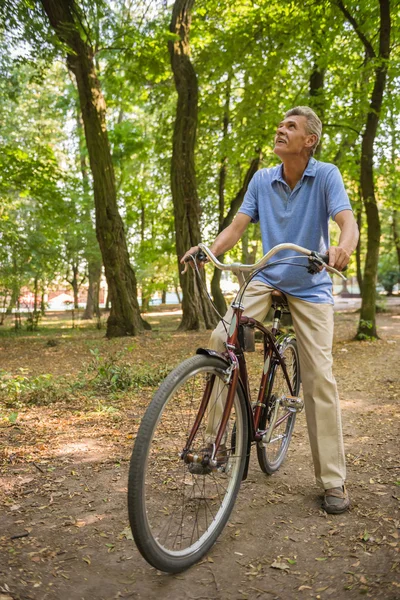 Hombre Mayor Está Montando Bicicleta Parque Mirando Hacia Arriba —  Fotos de Stock