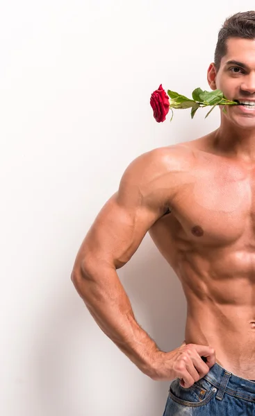 Joven Hombre Musculoso Con Torso Perfecto Celebración Una Sola Rosa —  Fotos de Stock
