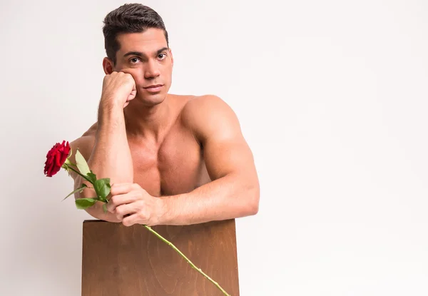 Jovem Muscular Homem Com Perfeito Torso Segurando Único Rosa Enquanto — Fotografia de Stock