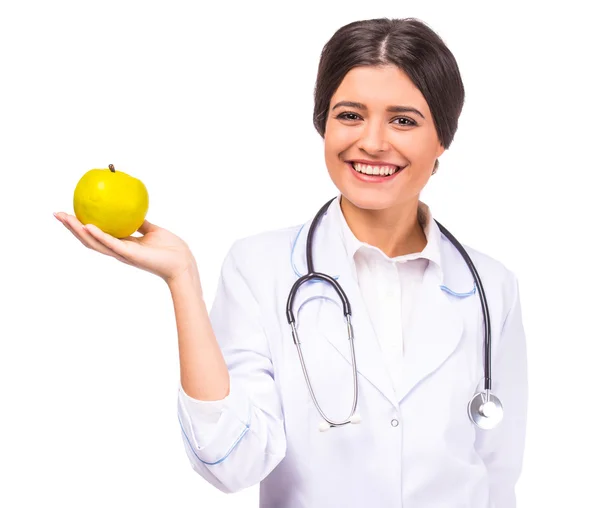 Portrait Young Beautiful Woman Doctor White Coat Holding Apple Isolated — Stock Photo, Image