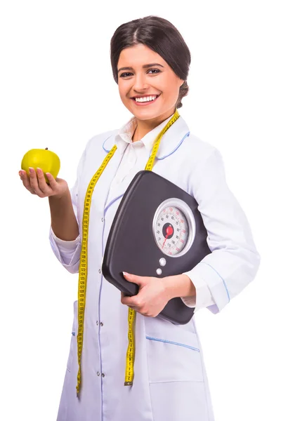 Portrait Young Beautiful Woman Doctor White Coat Holding Apple Isolated — Stock Photo, Image